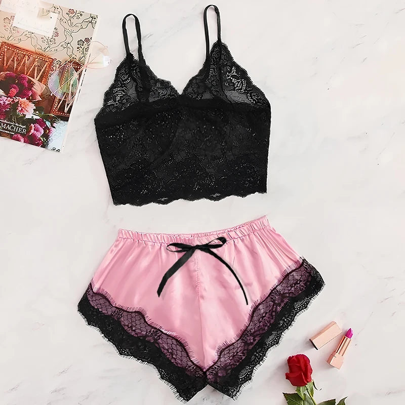 Women's 2 Piece Sexy Lace Pajama Set See-Through