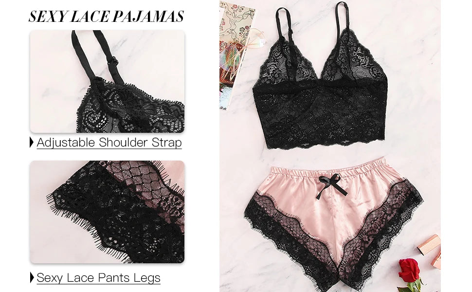 Women's 2 Piece Sexy Lace Pajama Set See-Through