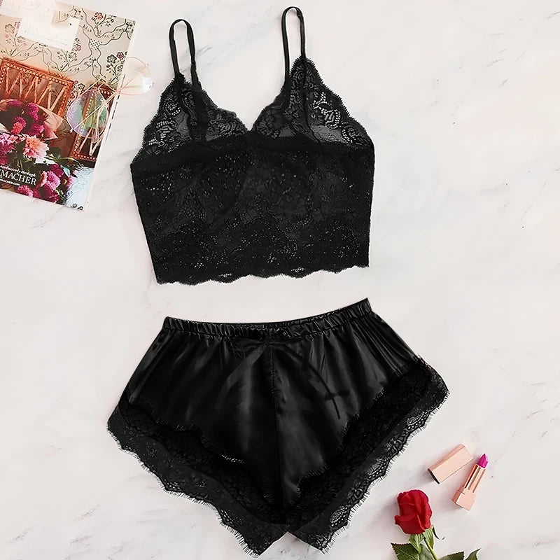 Women's 2 Piece Sexy Lace Pajama Set See-Through