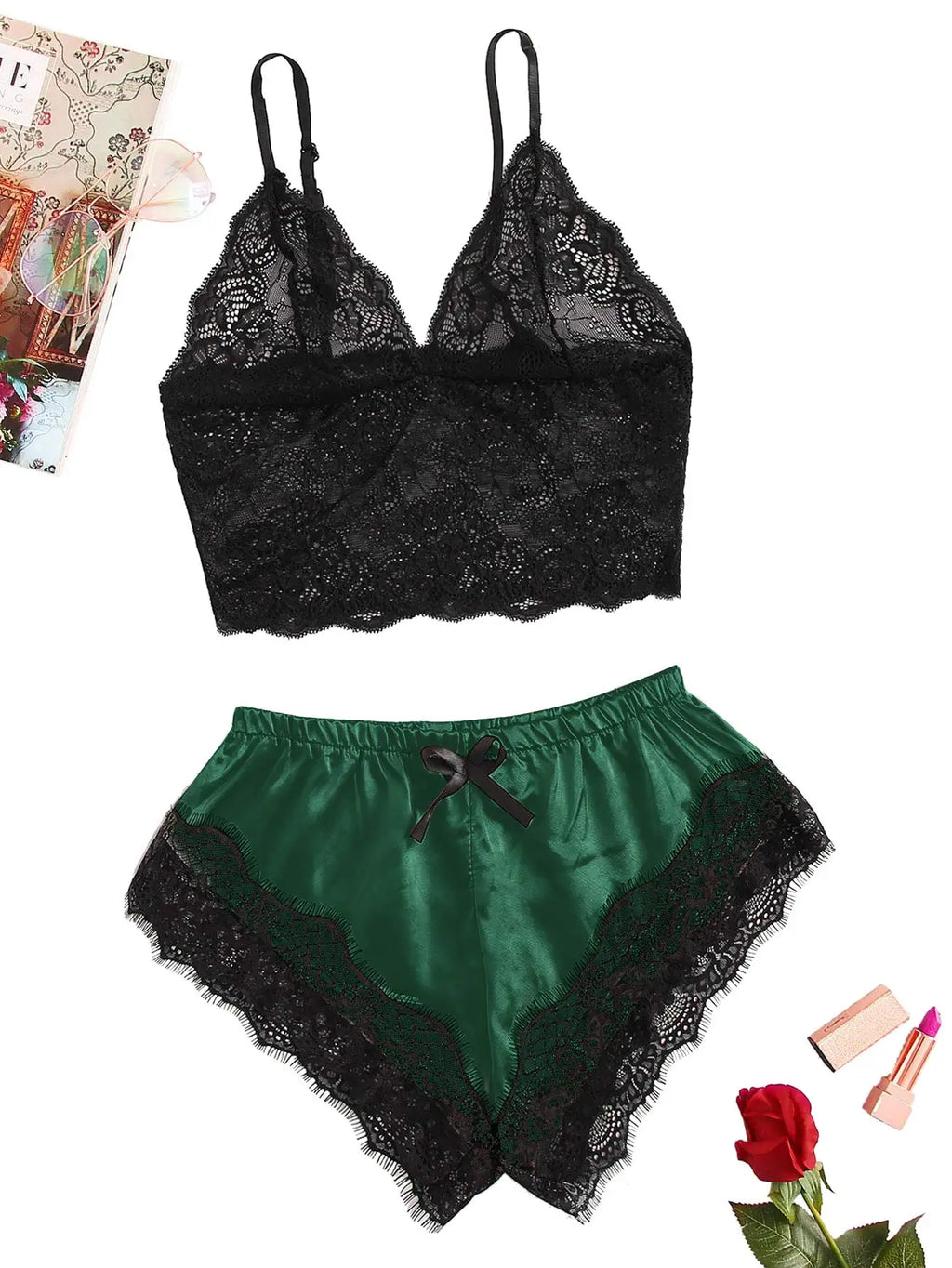 Women's 2 Piece Sexy Lace Pajama Set See-Through