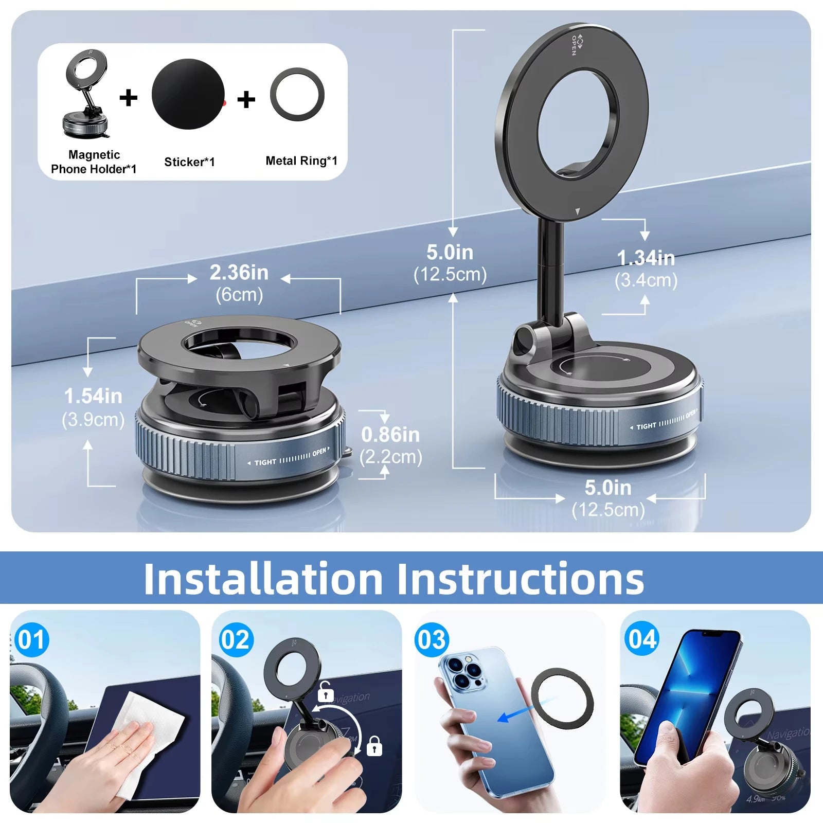 Car Phone Magnetic Stand Mechanical Vacuum Suction Cup Rotate 360°