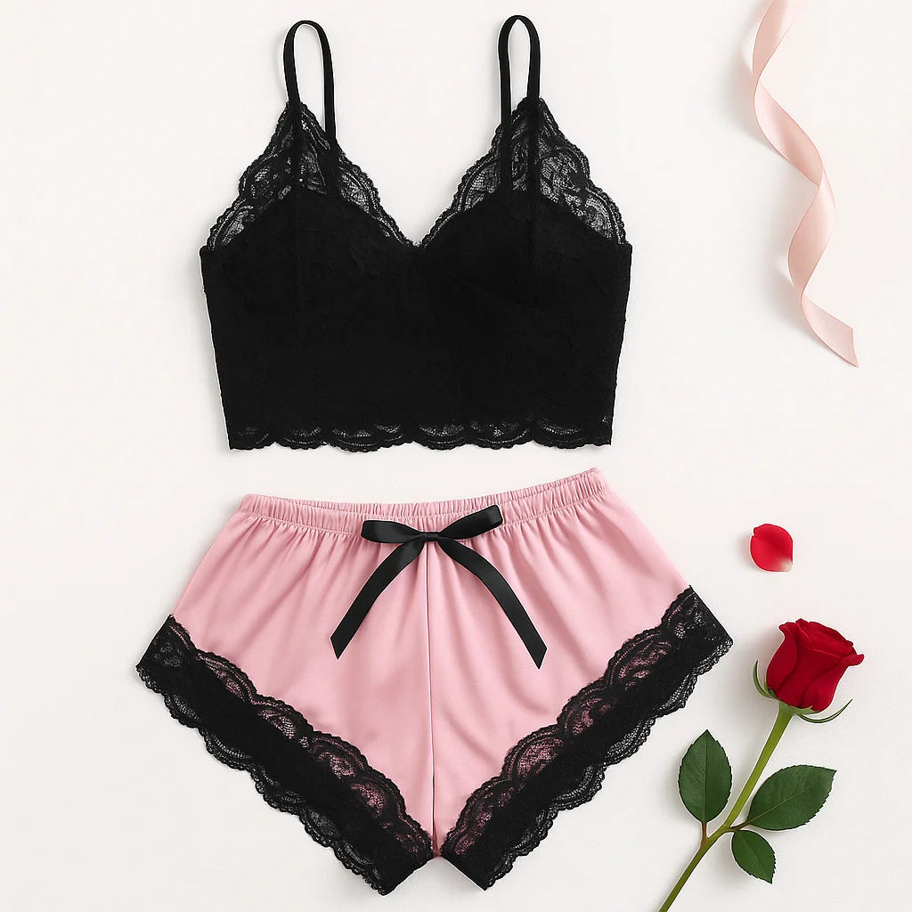 Women's 2 Piece Sexy Lace Pajama Set See-Through